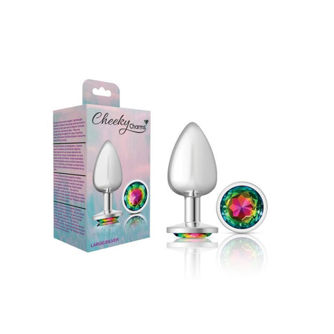 Cheeky Charms Silver Round Butt Plug with Rainbow Jewel Large Butt Plugs