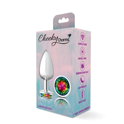 Cheeky Charms Silver Round Butt Plug with Rainbow Jewel Large Butt Plugs