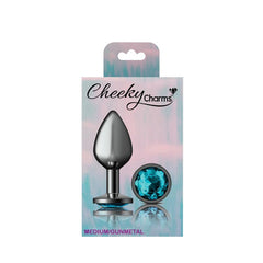 Cheeky Charms Gunmetal Round Butt Plug w Teal Jewel Medium