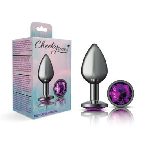 Cheeky Charms Gunmetal Round Butt Plug w Purple Jewel Medium