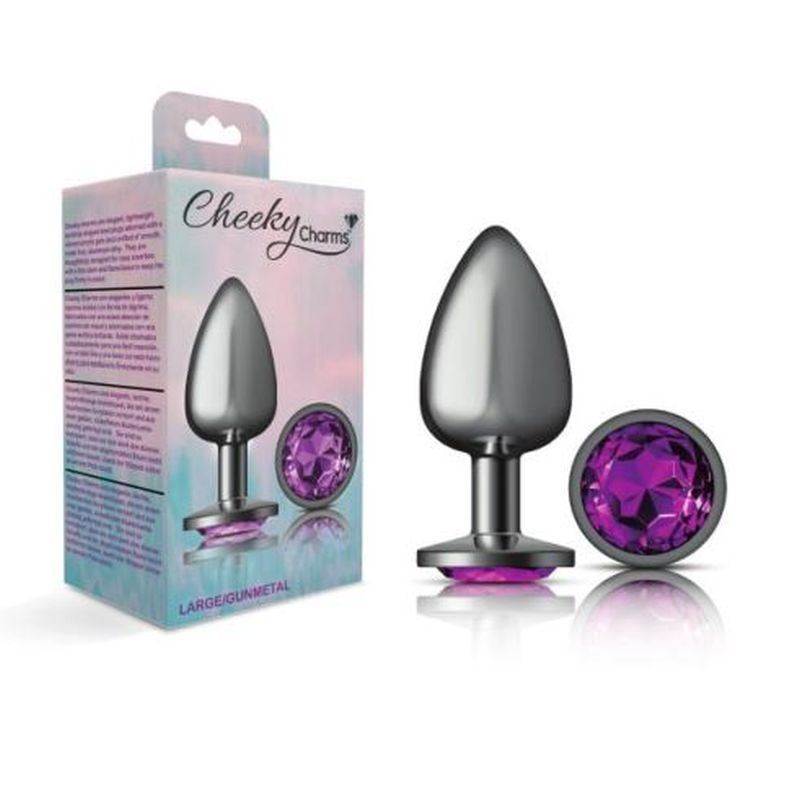 Cheeky Charms Gunmetal Round Butt Plug with Purple Jewel Large (9.12cm) > Anal Range > Jewel Butt Plugs