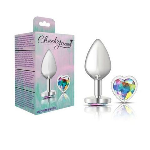 Cheeky Charms Silver Metal Butt Plug with Heart Clear Jewel Medium Butt Plugs