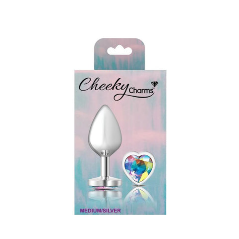 Cheeky Charms Silver Metal Butt Plug with Heart Clear Jewel Medium Butt Plugs