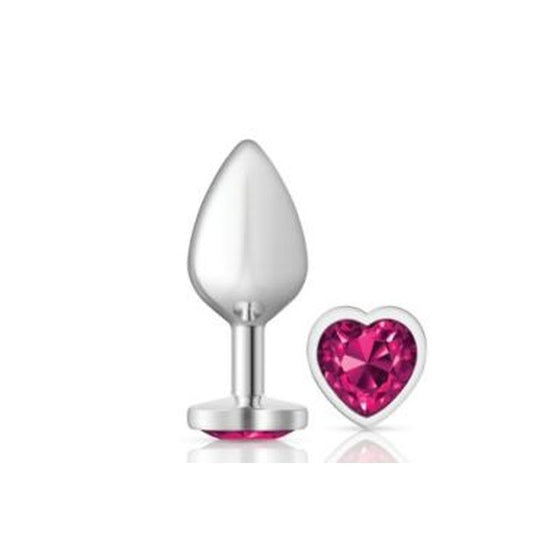 Cheeky Charms Silver Metal  Butt Plug w Heart Pink Jewel Medium