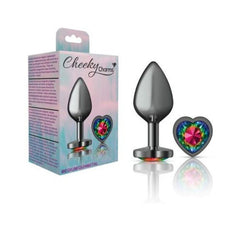 Cheeky Charms Gunmetal  Butt Plug w Heart Rainbow Jewel Medium