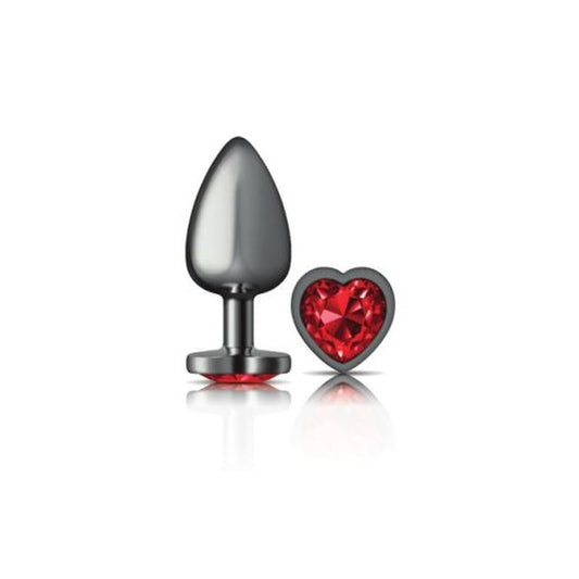 Cheeky Charms Gunmetal  Butt Plug w Heart Red Jewel Large