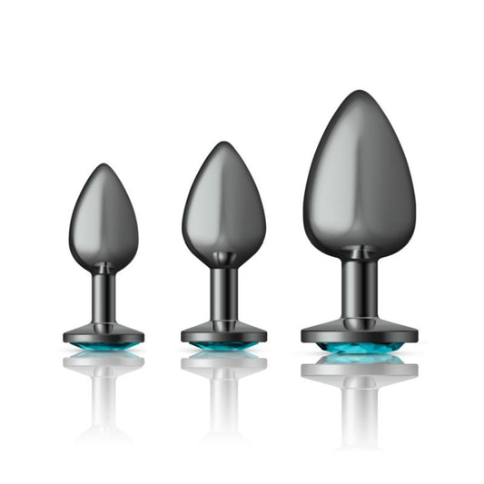 Cheeky Charms Round Metal Butt Plug Gunmetal 3 Pc Kit w Teal Jewel