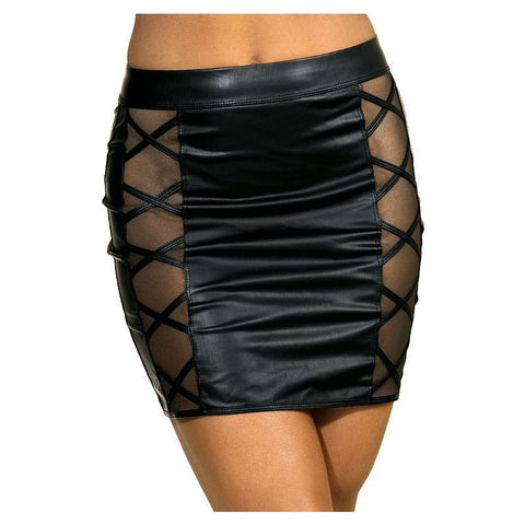 Stretch Wetlook Mesh Skirt with Criss Cross Detail Black Dresses