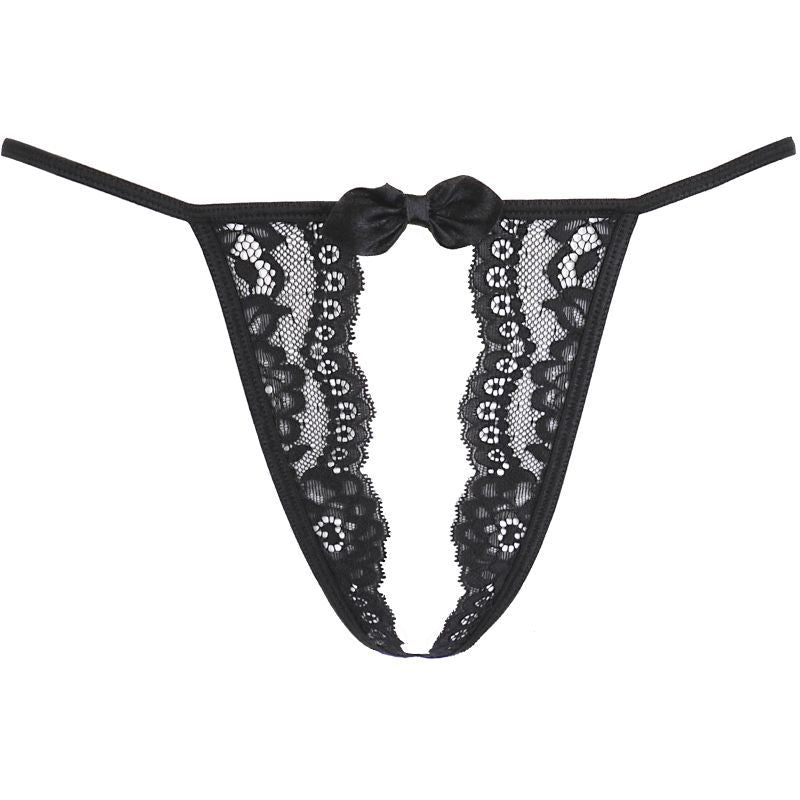 Lace Open Front G-String in Black with Bow Detail Lingerie