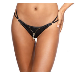 Stretch Wetlook Zip G-String Black Extra Small Lingerie