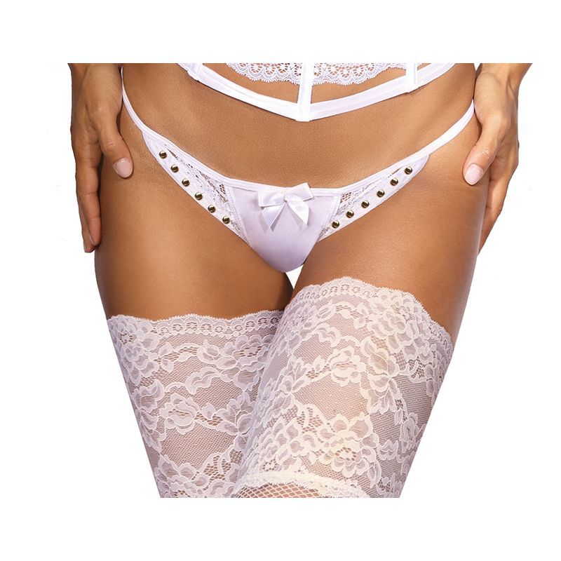 Microfiber and Lace G-String with Studs in White Small Lingerie