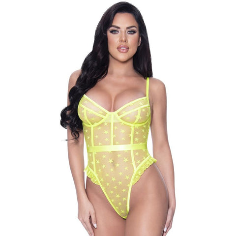Exposed by Magic Silk Star Design High Leg Teddy Lingerie Lime Medium Large Teddies