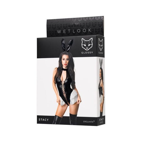 Glossy Stacy Bodysuit with Tie-Up Detail and Fluffy Tail Bodystocking