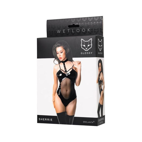 Glossy Sherrie Bodysuit with Mesh Insert Size S-M Bodystocking