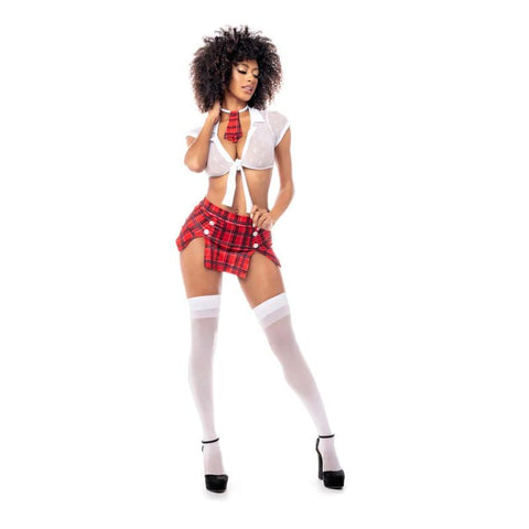 Sexy Schoolgirl Costume for Women with Sheer Front Tie Top and Flirty Skirt Costumes
