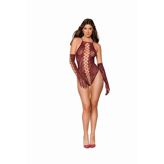 Dreamgirl Teddy w Gloves Burgundy - Size Available Small