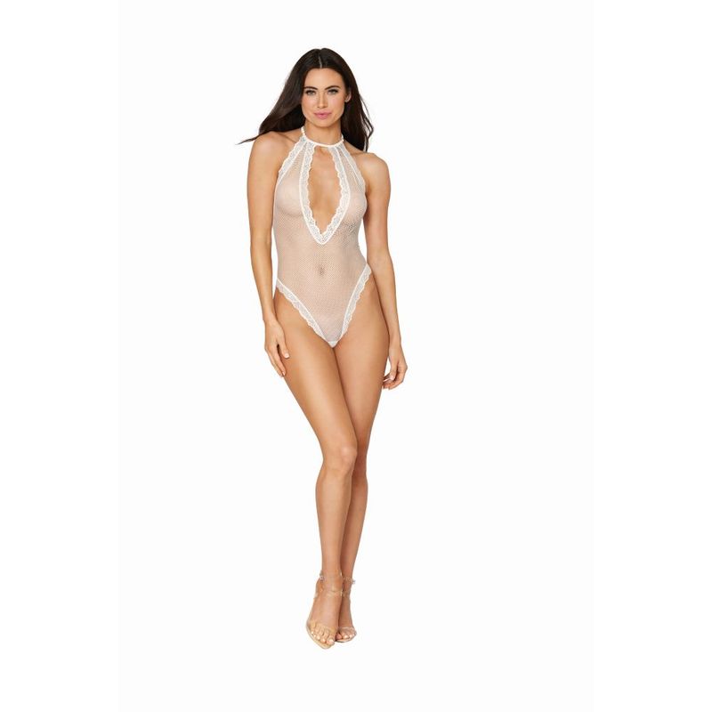 Fishnet Halter Teddy with Stretch Lace Edge Trims in White White Teddies