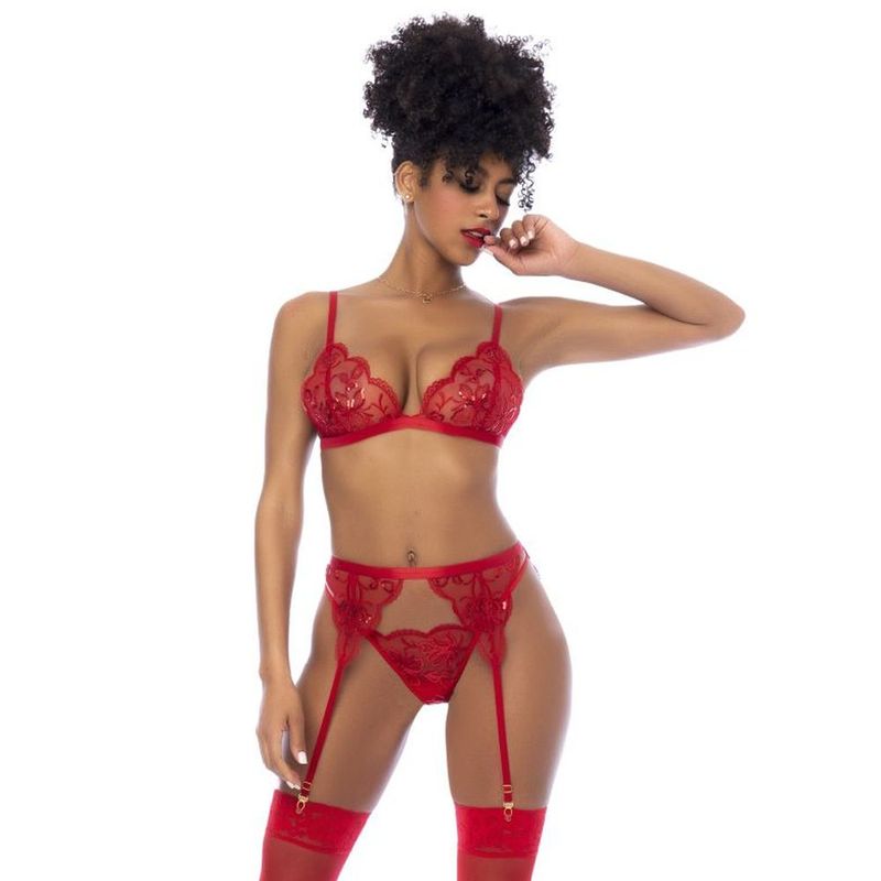 Red 3 Piece Set with Bralette, Garter Belt, and Thong – Luxury Lingerie Set Red Small Medium > Clothes > Bra Sets