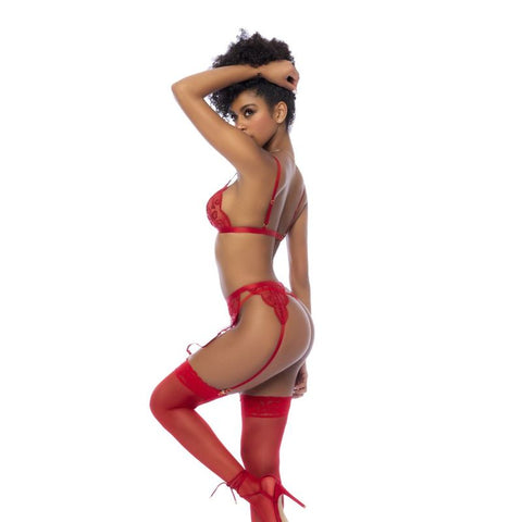 Red 3 Pc Set w/ Bralette, Garter Belt and Thong > Clothes > Bra Sets