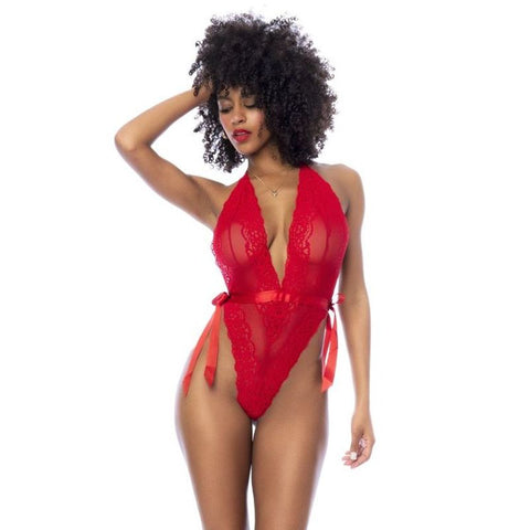 Red Lace Bodysuit with Side Ties for Intimate Wear Bodystocking