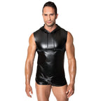 Noir Frenzy Sleeveless Wetlook Hoodie – Edgy Shine Sleeveless Activewear Top Black > Clothes > Mens Apparel