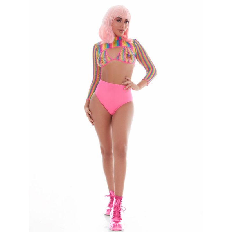 Rainbow Shrug Bikini Top and Hot Pants Net Set with Pasties Mesh Festival Apparel One Size > Clothes > Costumes > Womens