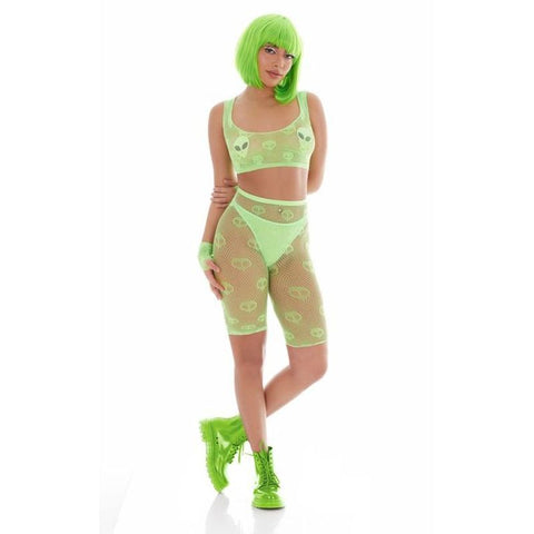 Out of This World Green Bodysuit Set with Alien Pasties and Fingerless Gloves for Rave and Festival One Size Bodystockings