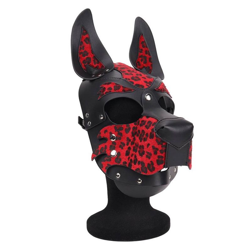 Bold Red Leopard Print Dog Hood Adjustable Fit Leather BDSM Gear Red > Bondage Gear > Masks