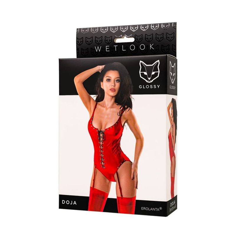 Glossy Doja (Red) – Elegant Wetlook Spandex Lingerie Bodysuit With Garter Straps > Clothes > Bodies and Playsuits