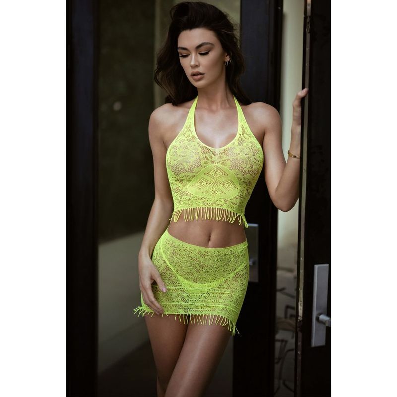 Eyelash Lace 2 Piece Crop Top Skirt and Thong Set in Black Yellow One Size Dresses