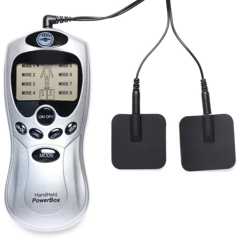 Zeus Handheld Power Box with Black Silicone Pads – Portable 8 Mode Electro Stimulation Unit Silver E-STIM TOYS