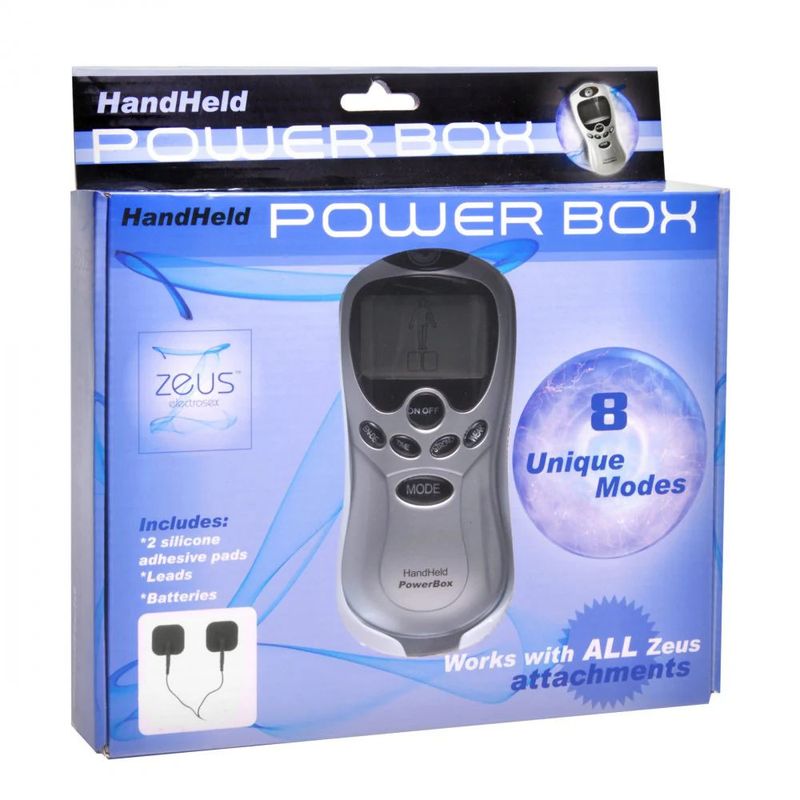 Zeus Handheld Power Box with Black Silicone Pads – Portable 8 Mode Electro Stimulation Unit E-STIM TOYS