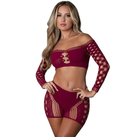 Stella Crop Top And Short Set Burgundy Burgundy One Size Bodystocking