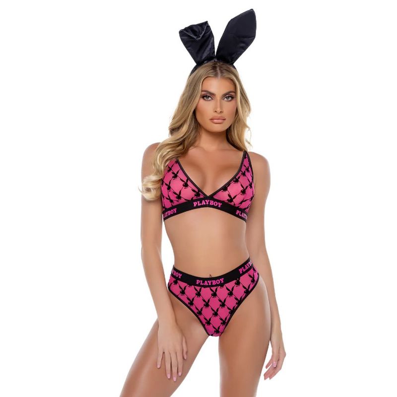 Playboy Flocked Bunny Lingerie Set (Black) – Soft-Cut Bralette and High-Rise Thong Lingerie Pink Medium > Clothes > Bra Sets