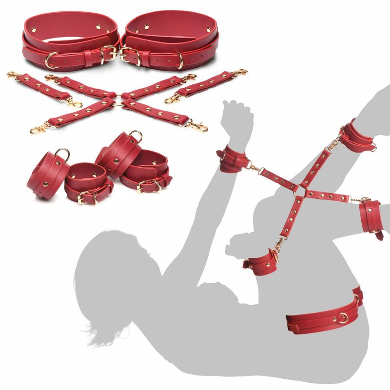 Crimson Captive Thigh, Wrist, and Ankle Hog Tie Restraints – Vegan Leather Restraint Set > Bondage Gear > Restraints