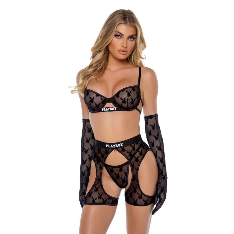 Playboy Flocked Bunny Chaps 3-Piece Set (Black) – Lingerie Black Medium > Clothes > Lingerie Sets Main image