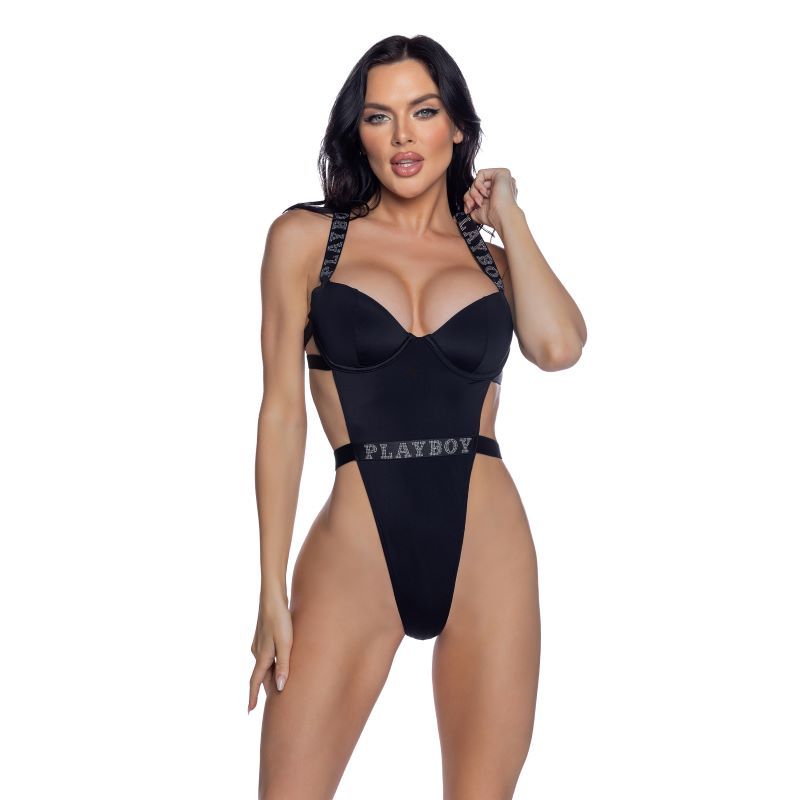 Playboy High-Leg Bodysuit with Rhinestone Logo – One-Piece Swimsuit Black Small > Clothes > Womens > Swimwear