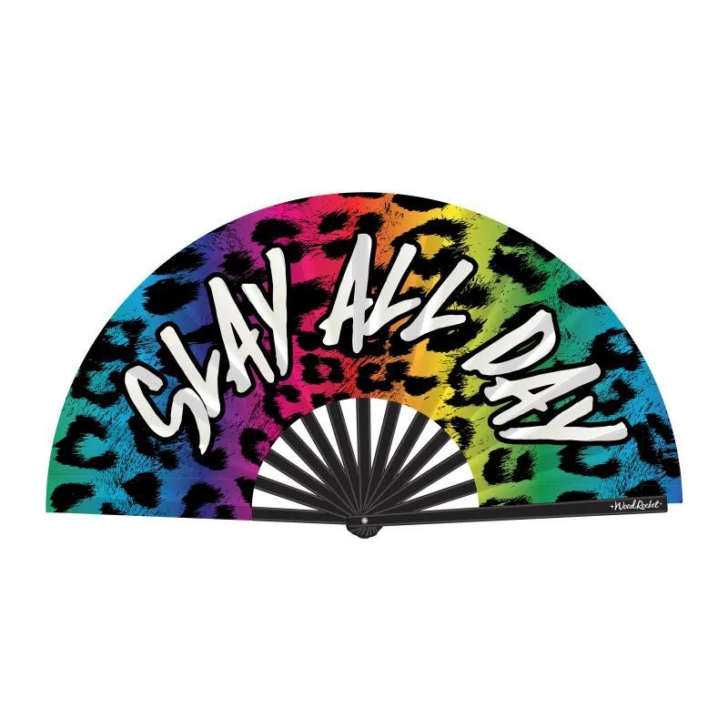 Slay All Day (Rainbow Leopard Print) Large Folding Hand Fan – Glossy Bamboo and Satin Fan Rainbow > Clothes > Accessories