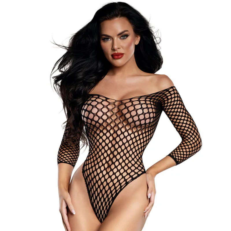 DreamGirl Fishnet Off-The-Shoulder Curve Enhancing Bodysuit Black One Size > Clothes > Bodies and Playsuits Main image