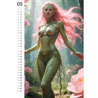 A vertical calendar page showing a fantasy illustration of a nude female figure with long pink hair standing in a misty forest with large pink flowers. The left side includes the number 05 and a column of daily numerals from 1 to 31.