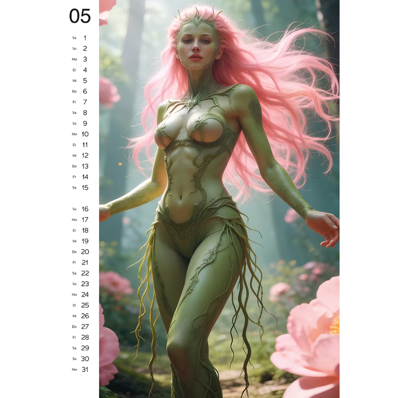 A vertical calendar page showing a fantasy illustration of a nude female figure with long pink hair standing in a misty forest with large pink flowers. The left side includes the number 05 and a column of daily numerals from 1 to 31.