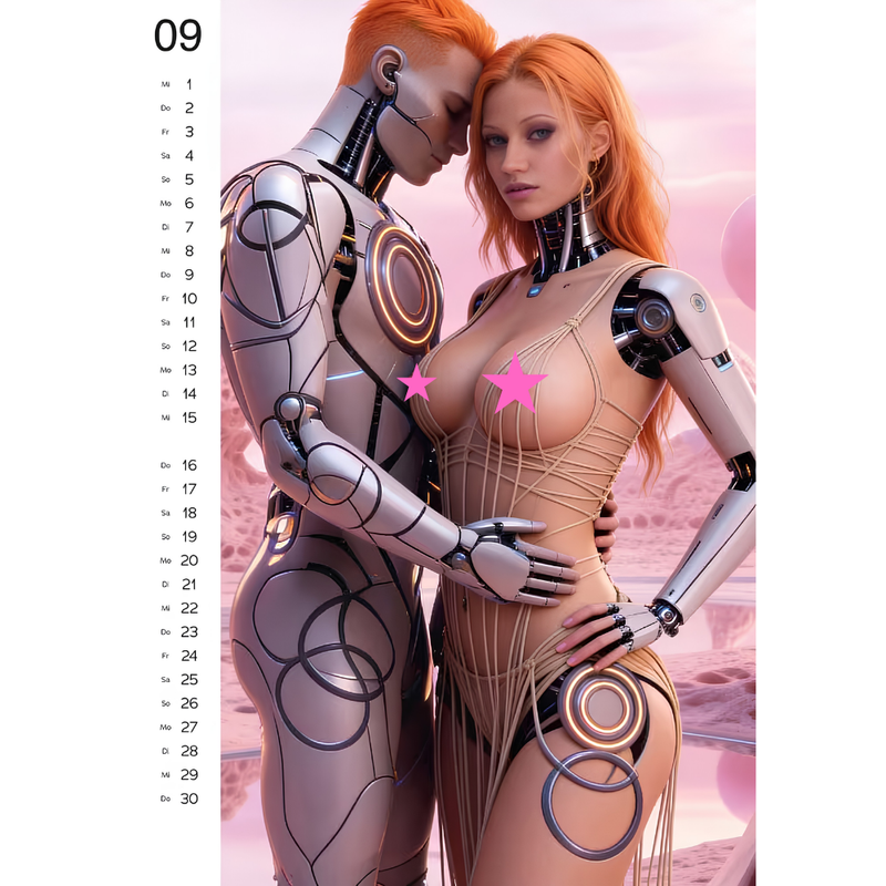 A vertical art print or poster featuring two futuristic humanoid robots in a romantic pose against a soft pink sky, with a narrow white margin on the left containing the number 09 and a list of days. The robots have metallic silver bodies with glowing orange accents, and the scene has pink star-like highlights.