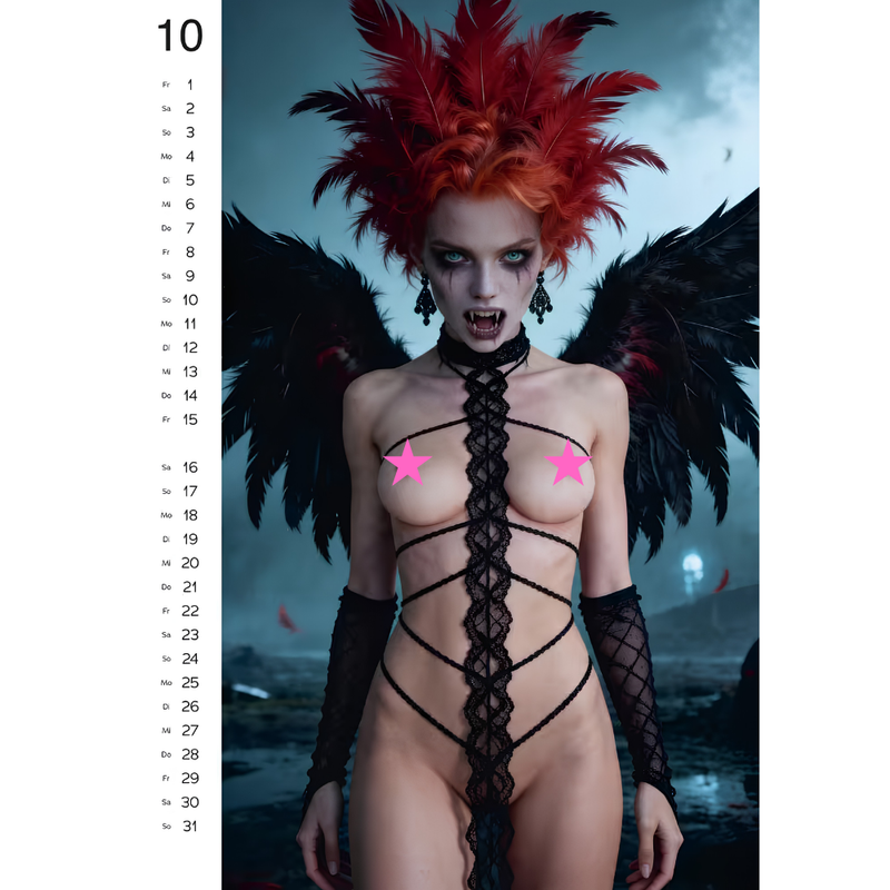 A fashion editorial-style photo of a nude woman with bright red hair, black feathered wings, and black lace body harnesses, standing against a dark moody background. The left side of the image has a vertical calendar-style page with numbers from 1 to 31.