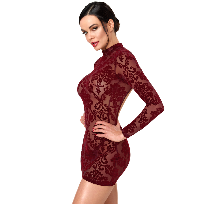 Noir Masquerade Open Back Mini Dress – Burgundy Flocked Tulle Secondary image