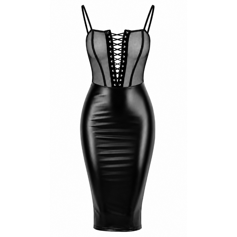 Noir Wet Look Sheer Lace-Up Dress – Latex Mesh > Clothes > Dresses and Chemises