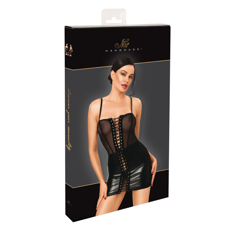 Noir Wet Look Sheer Lace-Up Mini Dress – Chemise > Clothes > Dresses and Chemises