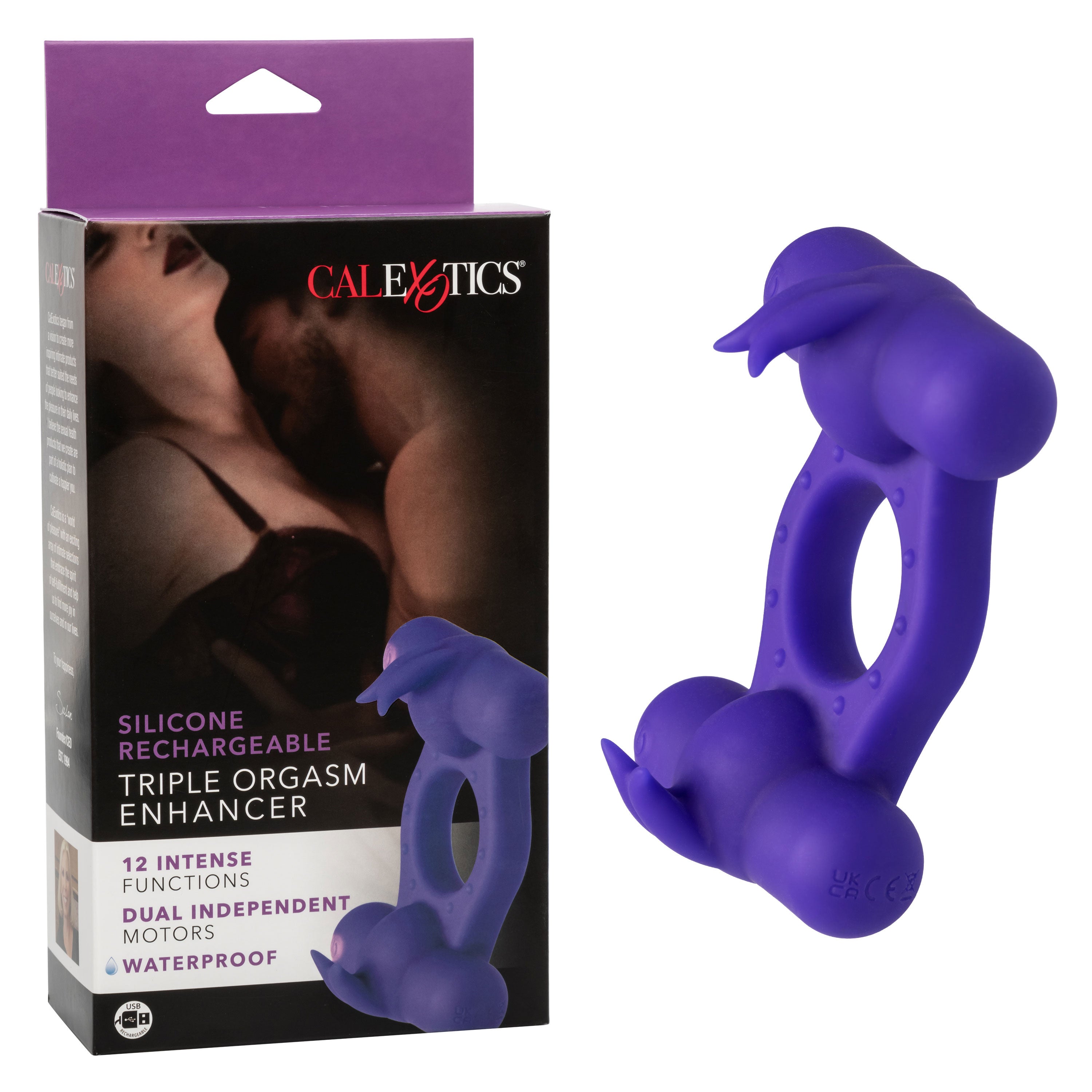 Silicone Rechargeable Triple Orgasm Enhancer in Purple with 12 Vibration Functions and Dual Independent Motors Cock Rings Vibrating