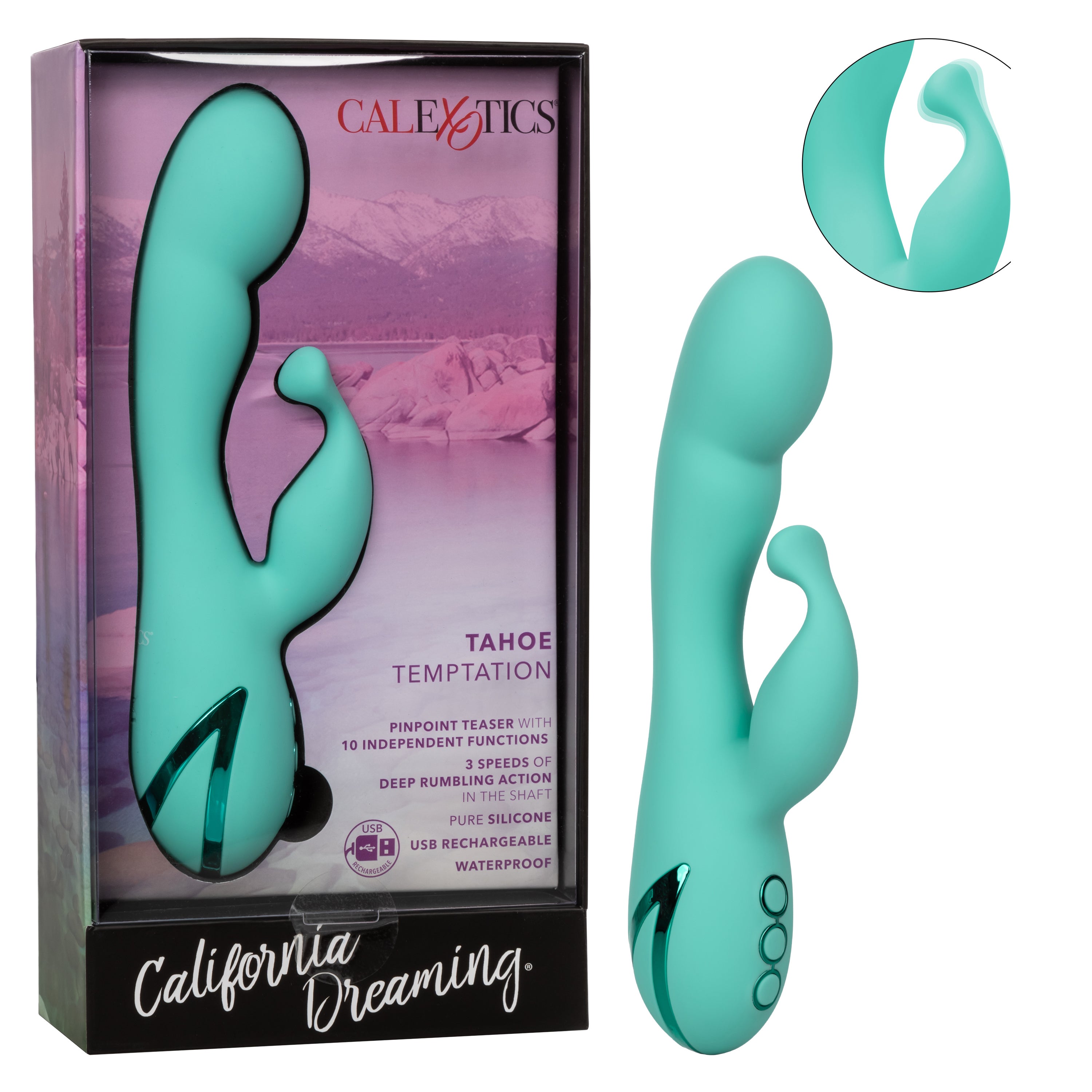 California Dreaming Tahoe Temptation Silicone Massager in Aqua Blue with Dual Vibration and Pinpoint Teaser > Vibrators > Ladies > Rabbit