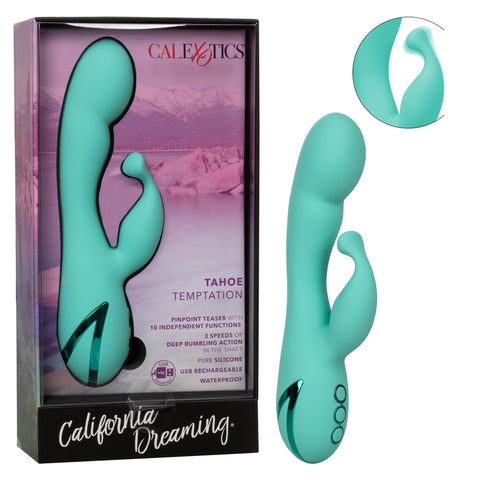California Dreaming Tahoe Temptation Silicone Massager in Aqua Blue with Dual Vibration and Pinpoint Teaser > Vibrators > Ladies > Rabbit