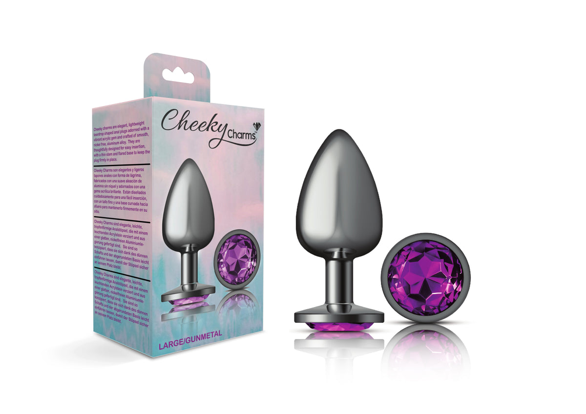 Cheeky Charms Gunmetal Round Butt Plug with Purple Jewel Large (9.12cm) > Anal Range > Jewel Butt Plugs